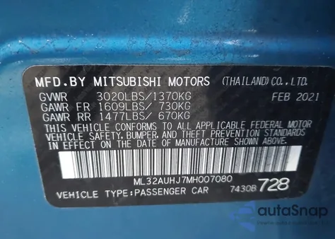 2021 Mitsubishi Mirage Carbonite Edition/Es/Le z USA, uszkodzony, nr VIN ML32AUHJ7MH007080